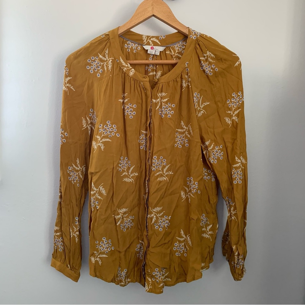 Boden Size 8 Gold Mustard Yellow Floral Print Long Sleeve Button Up Blouse Boho